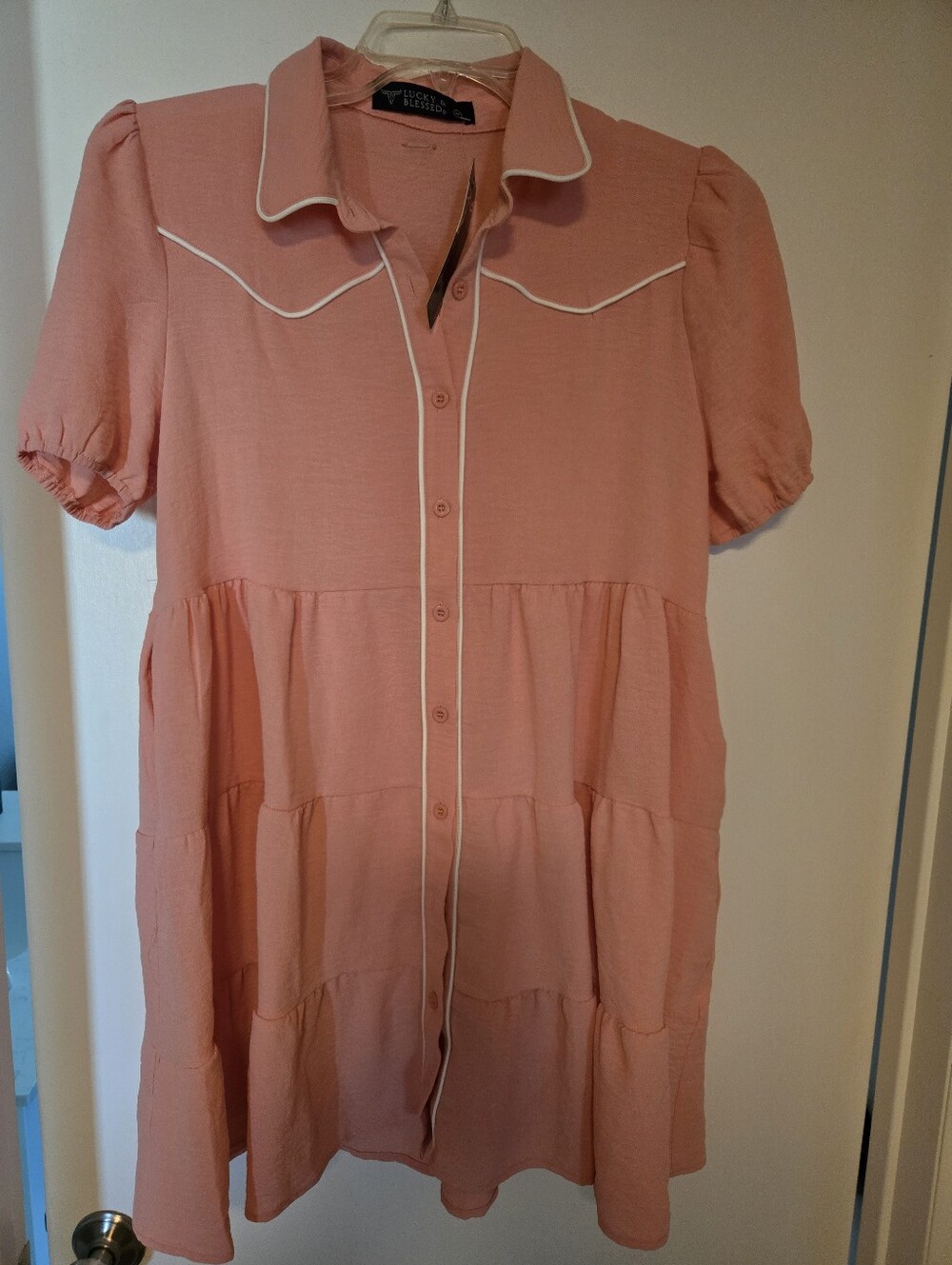 Lucky And BLESSED Pink Tiered Button-Front Dress with White Piping